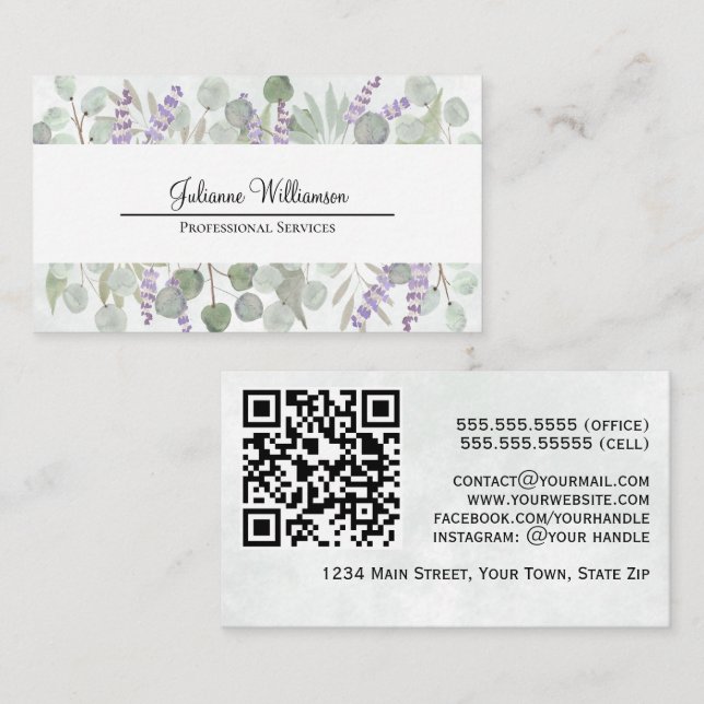 Rustic Watercolor Eucalyptus and Lavender QR Code Business Card (Front/Back)