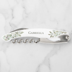 Rustic Watercolor Eucalyptus Bridesmaid Name Waiter's Corkscrew