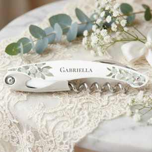 Rustic Watercolor Eucalyptus Bridesmaid Name Waiter's Corkscrew