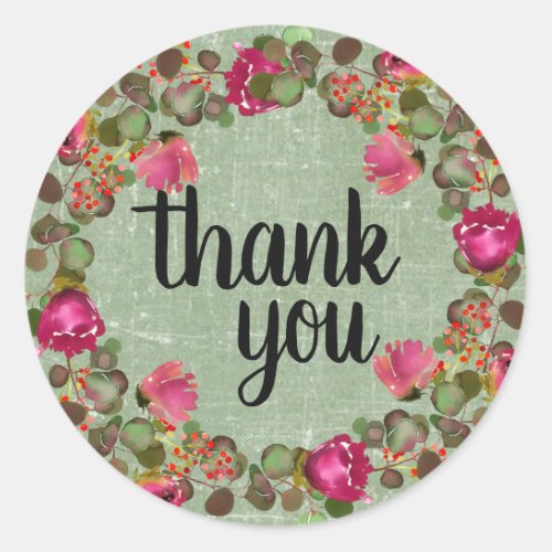 Rustic Watercolor Eucalyptus Floral Thank You Classic Round Sticker