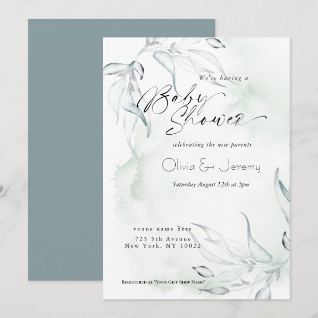 Rustic Watercolor Eucalyptus Foiliage Baby Shower Invitation (Front/Back)