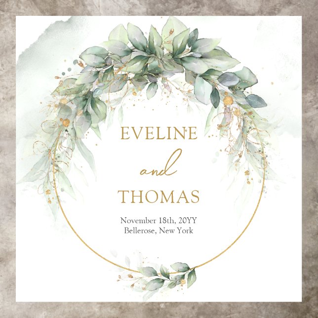Rustic watercolor eucalyptus greenery gold wedding floor decals (Insitu)