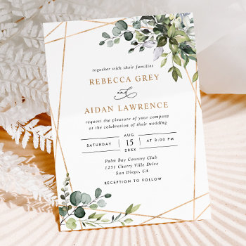 Rustic Watercolor Eucalyptus Greenery Gold Wedding Invitation by PeachBloome at Zazzle
