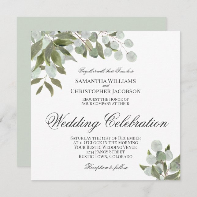 Rustic Watercolor Eucalyptus & Greenery Wedding Invitation (Front/Back)