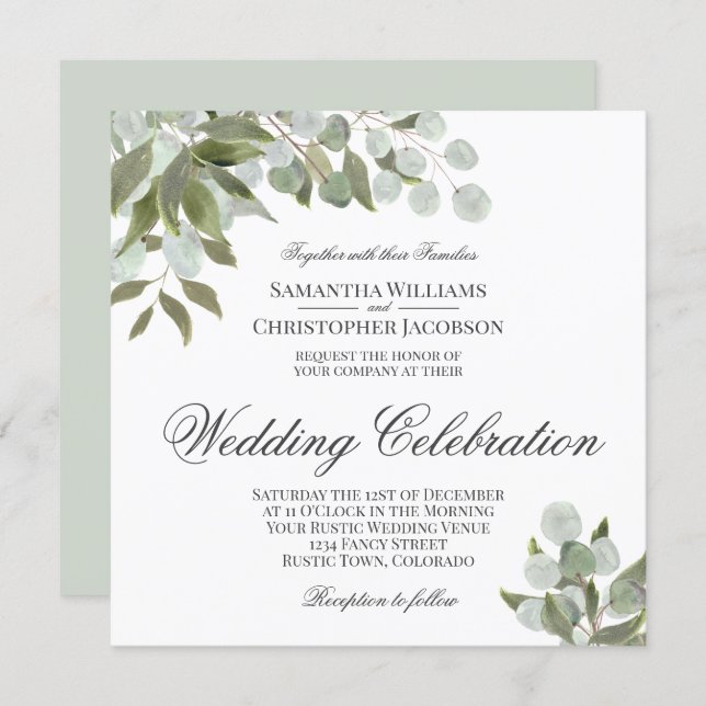 Rustic Watercolor Eucalyptus & Greenery Wedding Invitation (Front/Back)