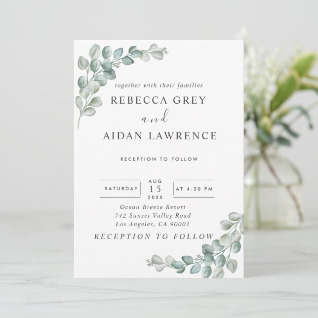 Rustic Watercolor Eucalyptus Greenery Wedding Invitation (Standing Front)