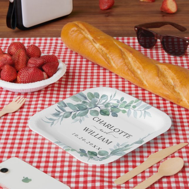 Rustic Watercolor Eucalyptus Greenery Wedding Paper Plates (Picnic)