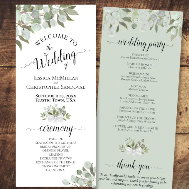 Rustic Watercolor Eucalyptus & Greenery Wedding Program | Zazzle