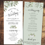 Rustic Watercolor Eucalyptus & Greenery Wedding Program<br><div class="desc">This elegant wedding program features a rustic boho chic design with hand painted sprigs of eucalyptus leaves, foliage, and greenery in shades of mint, moss and sage green. The titles are written in fancy script calligraphy, and there is space for your ceremony and wedding party details, as well as a...</div>