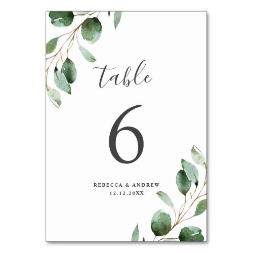 Rustic Watercolor Eucalyptus Greenery Wedding Table Number