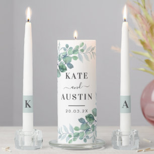 Rustic Watercolor Eucalyptus Greenery Wedding Unity Candle Set