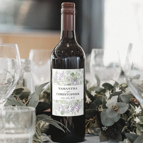Rustic Watercolor Eucalyptus  Lavender Wedding Wine Label