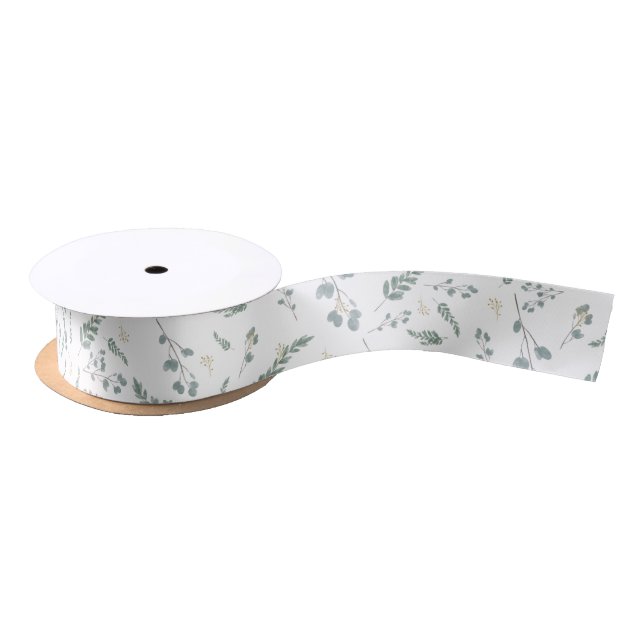 Rustic Watercolor Eucalyptus Leaf Pattern Satin Ribbon (Spool)