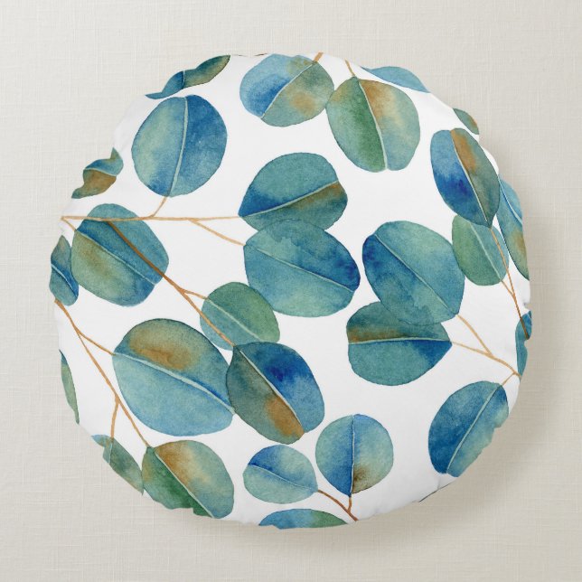 Rustic Watercolor Eucalyptus Leaves   Round Pillow (Front)