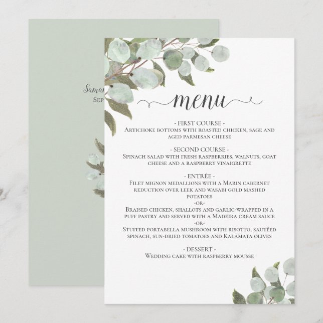 Rustic Watercolor Eucalyptus Leaves Sage Wedding Menu (Front/Back)