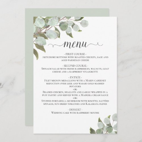 Rustic Watercolor Eucalyptus Leaves Sage Wedding Menu