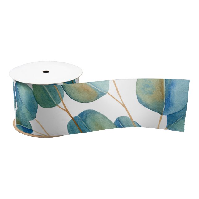 Rustic Watercolor Eucalyptus Leaves  Satin Ribbon (Spool)