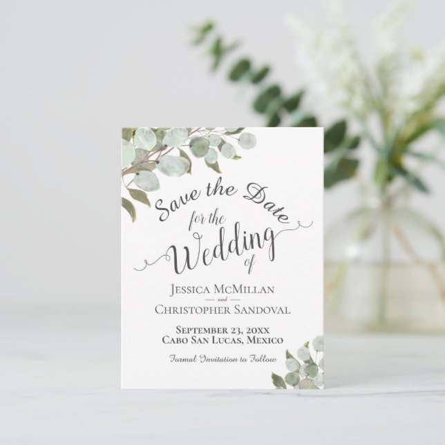 Rustic Watercolor Eucalyptus Leaves White Wedding Save The Date (Standing Front)