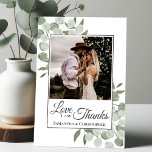 Rustic Watercolor Eucalyptus Love & Thanks Wedding Thank You Card<br><div class="desc">These beautiful wedding thank you cards feature your photo surrounded by hand painted watercolor sprigs of eucalyptus leaves and foliage in shades of mint, moss, and sage green. The caption reads: Love and Thanks, with your names below. Simple, rustic, and elegant, this thank you card is the perfect way to...</div>