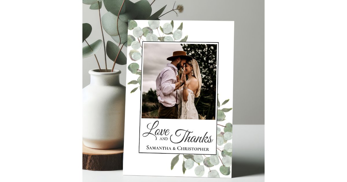 Rustic Watercolor Eucalyptus Love & Thanks Wedding Thank You Card | Zazzle