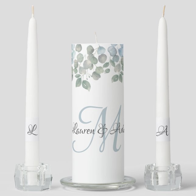 Rustic Watercolor Eucalyptus Monogram Unity Candle Set (Front)