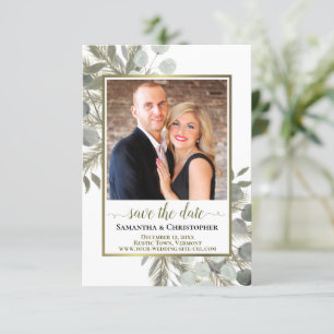 Rustic Watercolor Eucalyptus & Pine Photo Wedding Save The Date