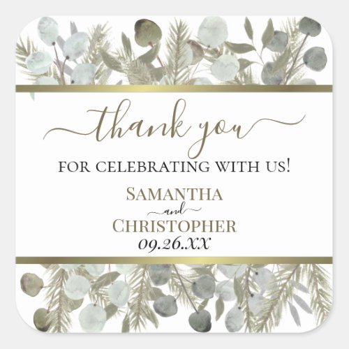 Rustic Watercolor Eucalyptus  Pine Thanks Wedding Square Sticker