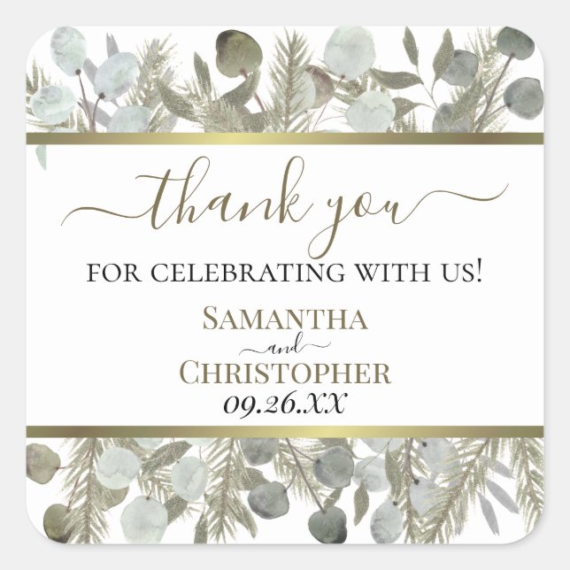 Rustic Watercolor Eucalyptus & Pine Thanks Wedding Square Sticker (Front)