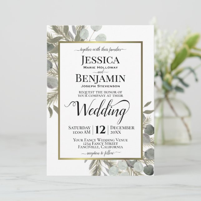Rustic Watercolor Eucalyptus & Pine Winter Wedding Invitation (Standing Front)
