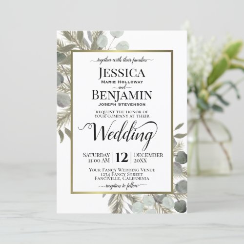 Rustic Watercolor Eucalyptus  Pine Winter Wedding Invitation