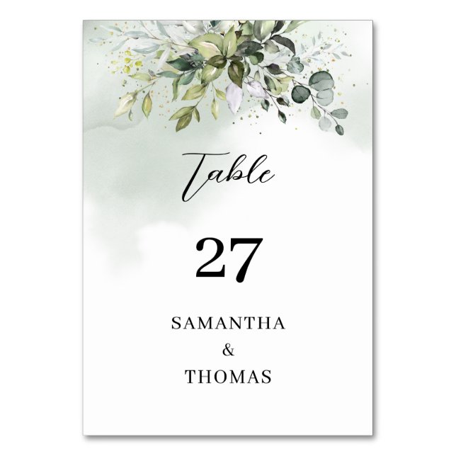 Rustic watercolor eucalyptus sage greenery gold table number (Front)