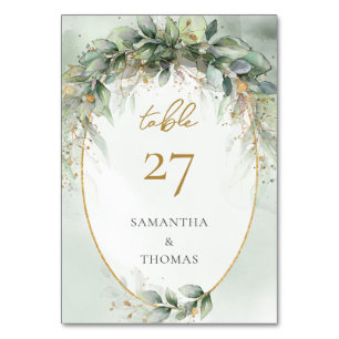 Rustic watercolor eucalyptus sage greenery gold table number