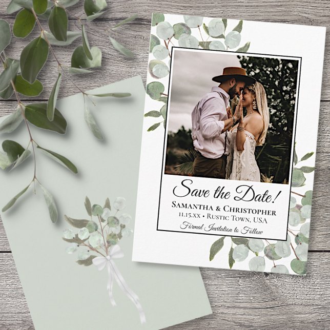 Rustic Watercolor Eucalyptus Square Photo Wedding Save The Date