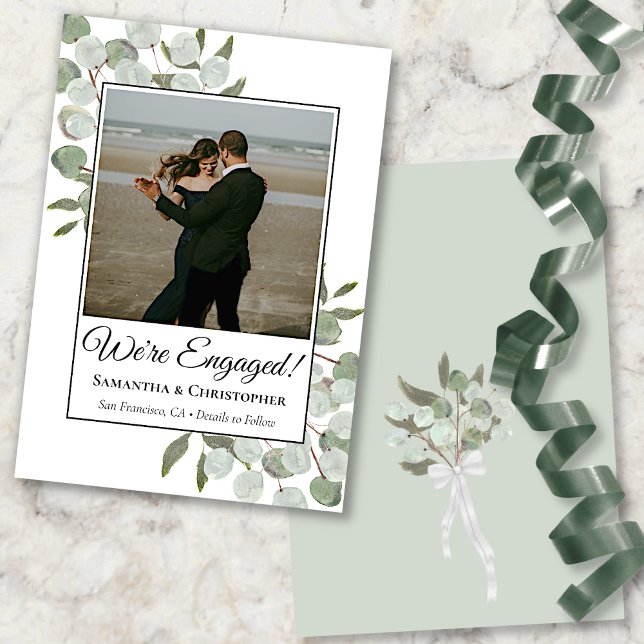Rustic Watercolor Eucalyptus Wedding Engagement Announcement (Front and Back)
