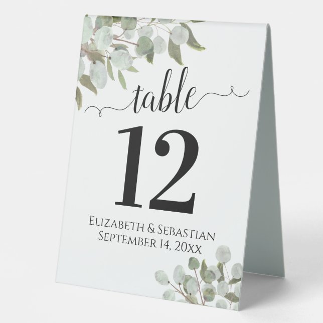 Rustic Watercolor Eucalyptus Wedding Table Number Table Tent (Front)