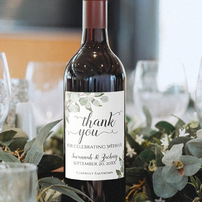 Rustic Watercolor Eucalyptus Wedding Thank You Wine Label (Creator Uploaded)