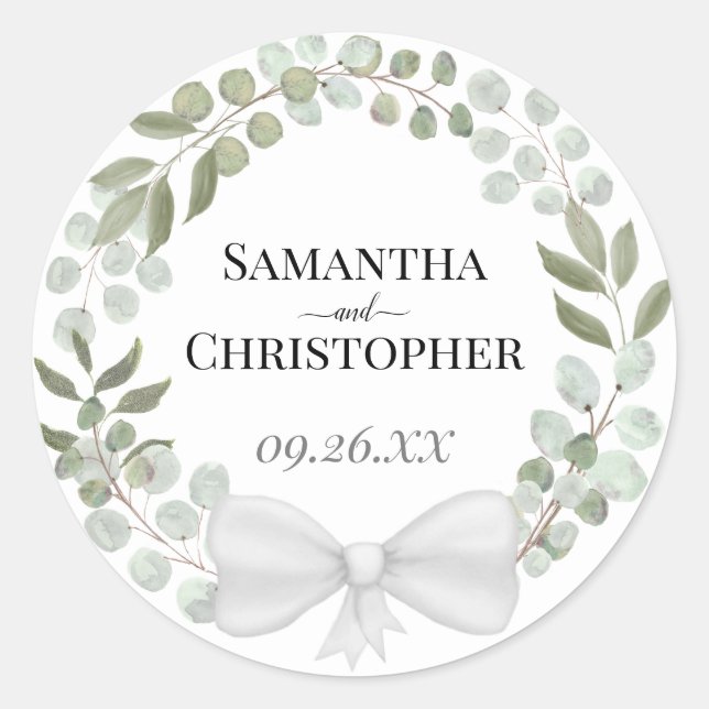 Rustic Watercolor Eucalyptus Wreath Wedding Classic Round Sticker (Front)