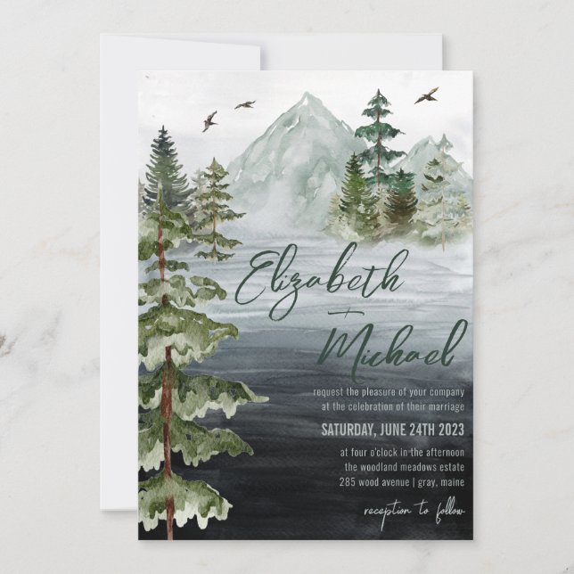 Rustic Watercolor Evergreen Mountain Wedding Invit Invitation (Front)