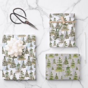Rustic Watercolor Evergreen Pine Tree Christmas Wrapping Paper Sheets