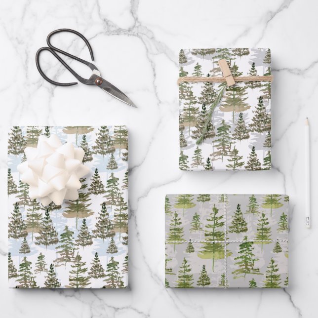 Rustic Watercolor Evergreen Pine Tree Christmas  Wrapping Paper Sheets (Front)