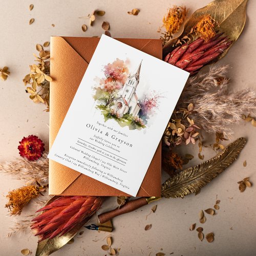 Rustic Watercolor Fall Chapel Wedding Invitation