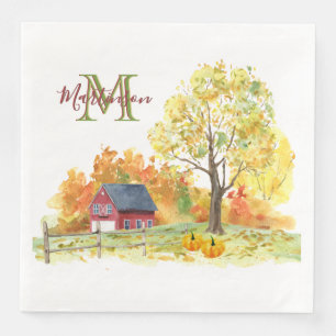 Rustic Watercolor Fall Country Monogram Name Paper Dinner Napkins