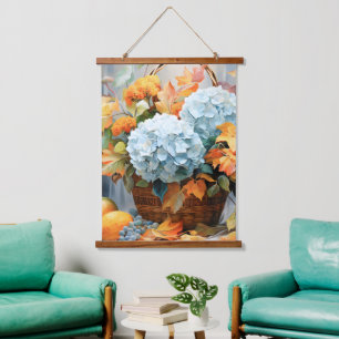 Rustic Watercolor Fall Floral Basket Hanging Tapestry