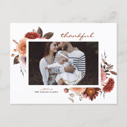 Rustic Watercolor Fall Floral Photo Thanksgiving Holiday Postcard