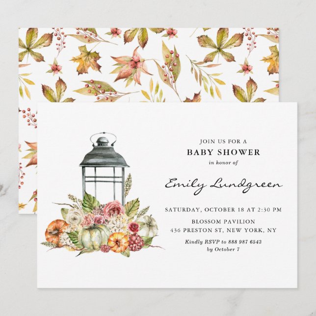 Rustic Watercolor Fall Harvest Lantern Baby Shower Invitation (Front/Back)