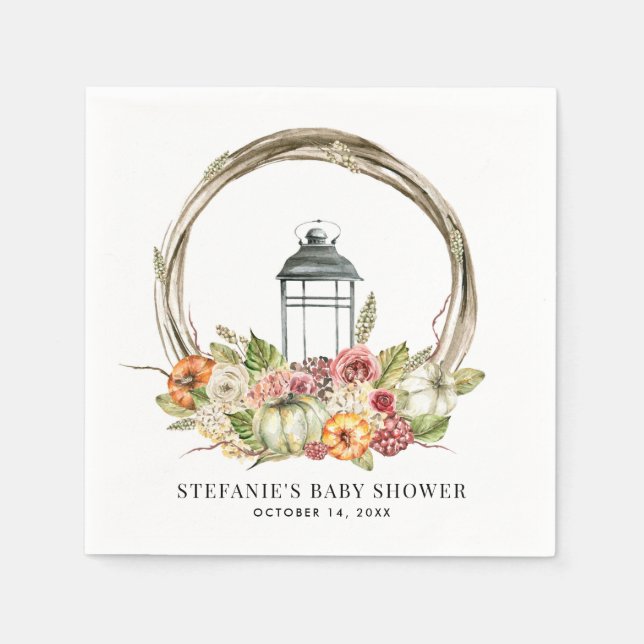 Rustic Watercolor Fall Harvest Wreath Baby Shower Napkins (Front)