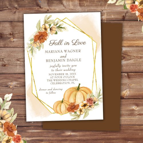Rustic Watercolor Fall in Love Pumpkin Wedding Inv Invitation