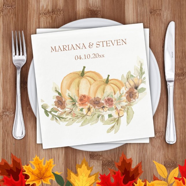 Rustic Watercolor Fall in Love Pumpkin Wedding Napkins (Creator Uploaded)