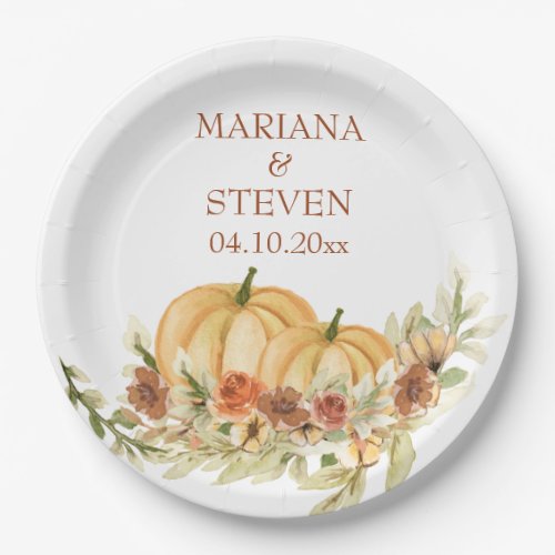 Rustic Watercolor Fall in Love Pumpkin Wedding Paper Plates