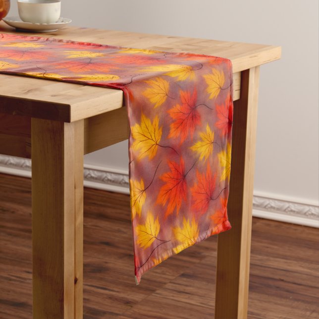 Rustic Watercolor Fall Leaves - Autumn Foliage Long Table Runner (In Situ)